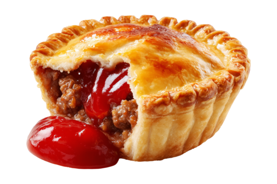 Australia meat pie filled with minced meat and topped with ketchup, isolated on white transparent background, concept of savory baked food