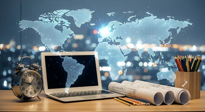 Global business planning desk with laptop and blueprints world map alarm clock - Powered by Adobe