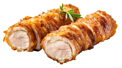 Close up of crispy fried chicken roll pieces with one piece cut open showing the white meat inside isolated on white background
