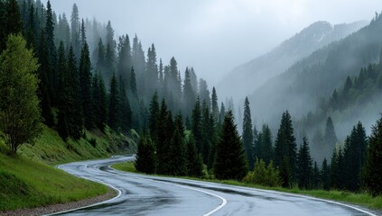 Curving road snakes through a lush, foggy mountain forest, rain slicking the asphalt. Tall evergreens frame the path as mountains fade into the misty distance