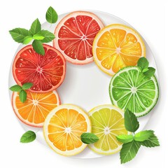Obraz premium Colorful Citrus Slices on White Plate with Green Mint Leaves Fresh Fruit Display
