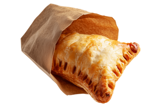 Australia baked meat hand pie with ketchup topping wrapped in brown paper bag, isolated on white transparent background, concept of takeaway snack