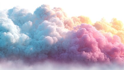 Dreamy cloudscape. Soft, fluffy forms blend from turquoise to pink and yellow, creating a beautiful, ethereal atmosphere against a clear white background