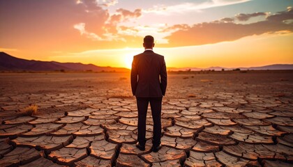 a man in suit stands on cracked earth, gazing at vibrant sunset in barren landscape