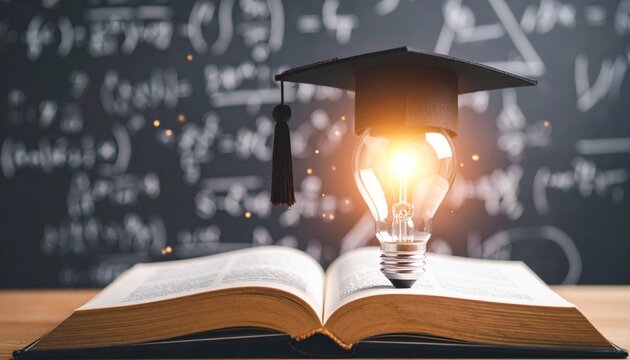 a Light Bulb with Graduation Cap on Book Surrounded by Mathematical Equations
