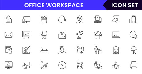 Office workspace vector line icons featuring desks, computers, meetings, teamwork, communication, office supplies, collaboration, schedules, productivity, and professional environment symbols.