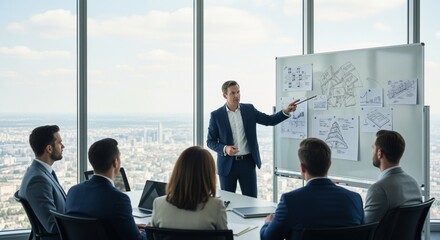 Obraz na płótnie Canvas A confident businessman leads a team meeting in a modern skyscraper , presenting a project plan on a whiteboard to attentive colleagues with a city view.