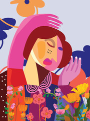 Abstract artistic poster women face portrait geometric, shape hand drawn vector illustration. Creative fashion and beauty female colorful art print.