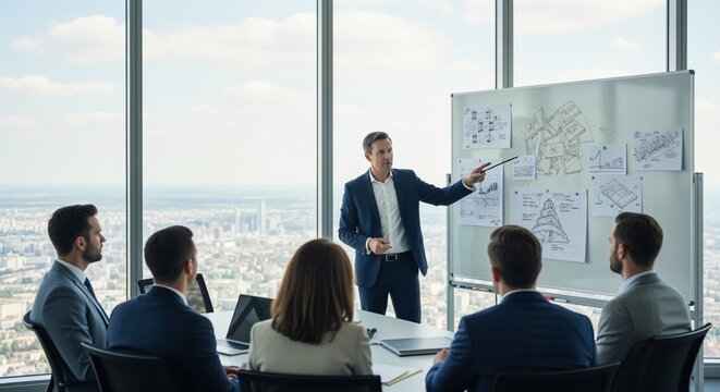A confident businessman leads a team meeting in a modern skyscraper , presenting a project plan on a whiteboard to attentive colleagues with a city view.