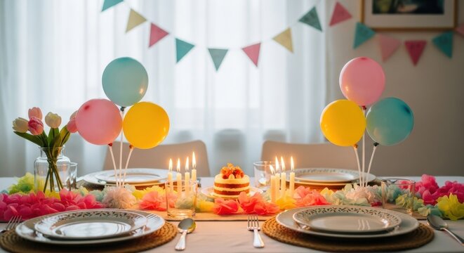 Beautifully Decorated Birthday Table with Cake, Lit Candles, Balloons, and Banners
