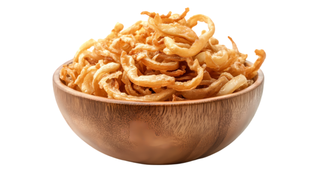 A wooden bowl filled to the brim with crispy fried onions isolated on white background
