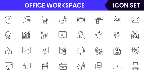 Office workspace vector line icons featuring desks, computers, meetings, teamwork, communication, office supplies, collaboration, schedules, productivity, and professional environment symbols.