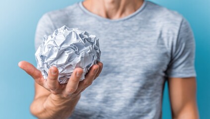Frustration ball. A person holds a large crumpled ball of paper in their outstretched hand against a light blue background. T-shirt visible. Suggests writer's block, stress, or ideas rejected