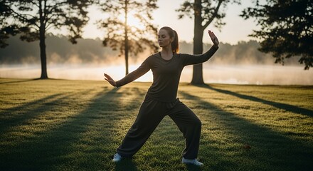 Woman practicing Tai Chi Chuan at sunrise in a park