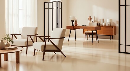 Mid-century modern living room with two armchairs, a wooden desk, and a room divider, showcasing a calm and sophisticated interior design.
