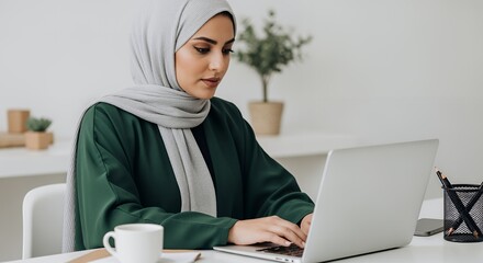 A woman wearing a hijab works diligently on her laptop, showcasing modern professionalism and cultural identity in a bright workspace.
