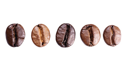 Five roasted coffee beans isolated on white background isolated on a transparent background