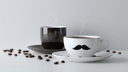 Coffee with a Smile. Two steaming cups, one brown, one white with a mustache decal, sit on saucers amidst scattered coffee beans. A clean, minimalist aesthetic with a focus on humor and warmth