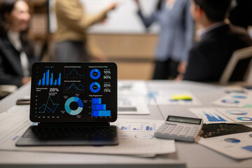 A laptop with a screen showing a graph of data