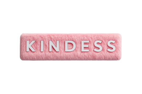 Soft Pink Furry Block with White Letters Spelling Kindness on Transparent Background