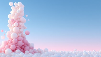 Pink-tinged sphere tower cascades onto a white ball field, contrasting with a serene blue sky