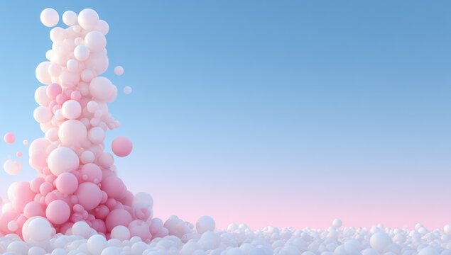 Pink-tinged sphere tower cascades onto a white ball field, contrasting with a serene blue sky