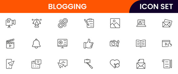 Blogging vector line icons featuring keyboards, posts, content creation, writing, microphones, cameras, social sharing, analytics, and digital communication tools.
