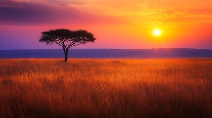 african sunset with lone acacia tree standing tall for golden grassland landscape evoking warmth solitude nature beauty horizon light shadow emotion concept.