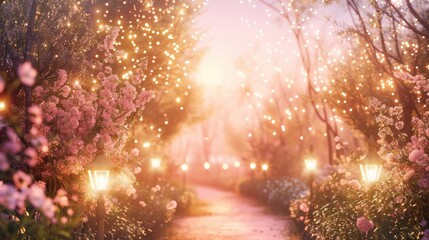 Naklejka premium Cherry Blossom Garden Pathway with Sparkling Lights and Lanterns in Sunset Atmosphere