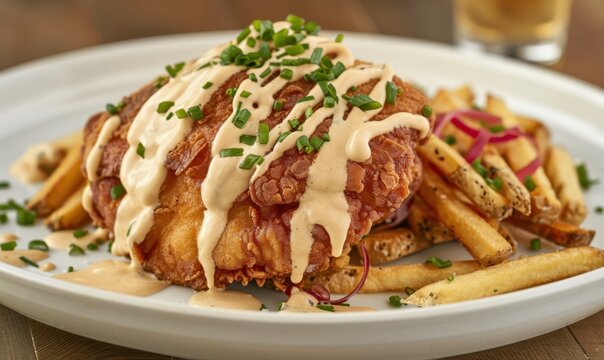 Fried chicken dish topped with creamy sauce and chives served with fries