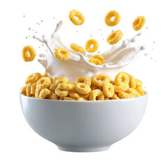 Crispy yellow cereal rings splash milk in white bowl isolated on transparent background