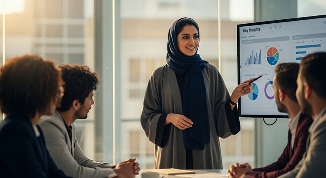 A businesswoman in traditional attire presents a compelling business presentation to a diverse team using a digital display.