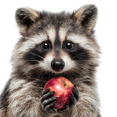 Obraz premium A cute raccoon holds a bright red apple in its paws, looking at the camera on transparent background
