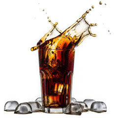 Cola splash in glass with ice cubes isolated on transparent background