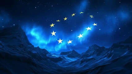 European Union Flag Symbol with Stars in a Mountain Landscape Under Night Sky - Powered by Adobe