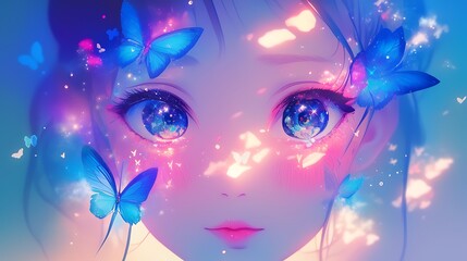 Close up of cute anime butterfly design girl's face, the butterfly has sparkling eyes