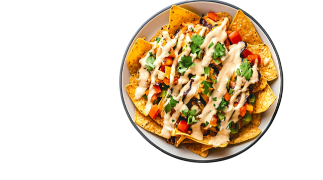 A close up of nachos with cheese sauce isolated on white background