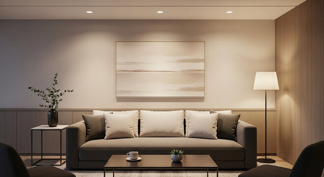 "office break area with cozy sofa, coffee table, minimal lighting, modern relaxing space, no people"