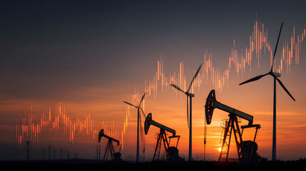 Graph showing oil price trends in renewable energy market. Oil price and renewable energy concept. economic effect, energy security, financial market connection.