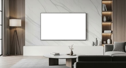 Modern Living Room Interior with Marble Wall and Large Flat Screen Tv