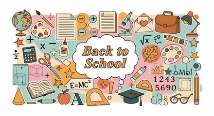 Hand-drawn Back to School concept illustration with a collage of learning supplies and academic symbols.