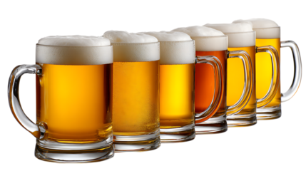 Row of frothy beer mugs isolated on transparent background