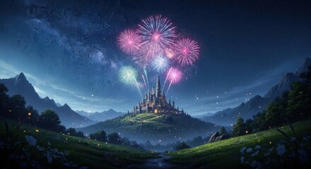 Magical Castle Under a Sky of Fireworks and Stars