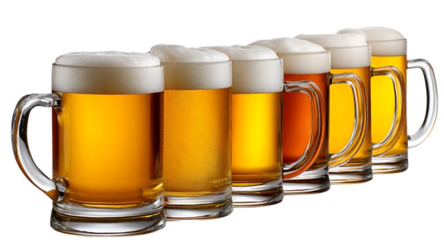Row of frothy beer mugs isolated on transparent background