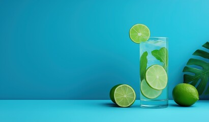 Refreshing summer drink mockup with lime and mint leaves on vibrant blue background, modern template for beverage advertising poster or menu design