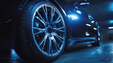 Black Car with Alloy Wheel in Dimly Lit Garage Scene