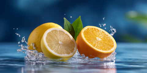 Fresh Lemon and Orange Slice with Water Splash on Blue Background