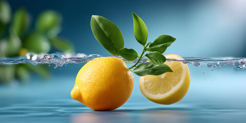 Fresh Lemon Fruit with Leaf in Water Splash Refreshing Citrus