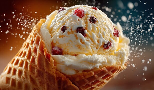 Dynamic food photography of creamy vanilla ice cream in waffle cone with fresh cranberries and flying ice particles, frozen dessert advertisement concept