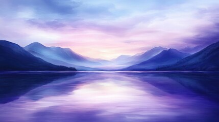 Serene purple mountain lake sunrise reflection; peaceful nature scene, ideal for calming backgrounds